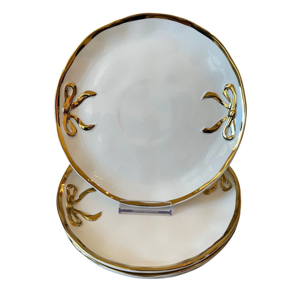 Hand Painted Coquette Gold Bow Salad Plates 9in White Ceramic Set of 4 Holiday